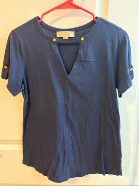 Michael Kors Navy Short Sleeve Top with Gold Buttons